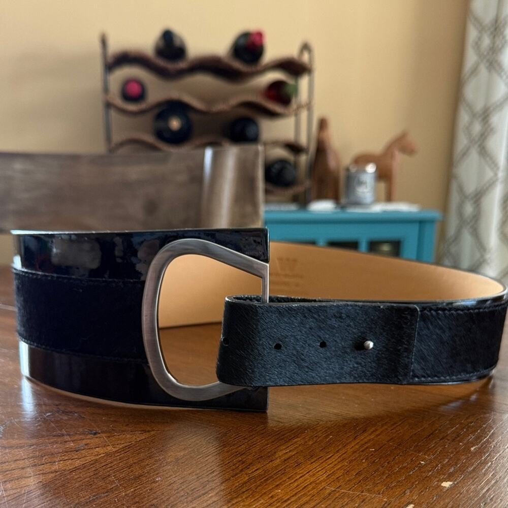 W by Worth Leather & Calf Hair Waist Statement Belt Black Silver XS
